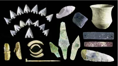  ??  ?? Below: Almost everything in this group, a selection from the Amesbury Archer’s grave with one of five Beakers (top right), was new to Britain when the man, who had grown up in central Europe, was buried c 2335bc (not to scale)