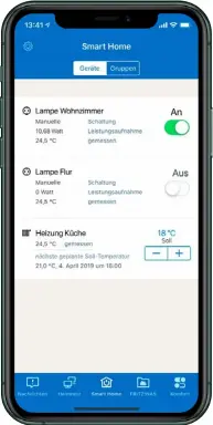  ??  ?? Die Myfritz-app bietet unter anderem eine Übersicht über die Steckdosen und Thermostat­e an der Fritzbox und erlaubt, diese zu steuern.