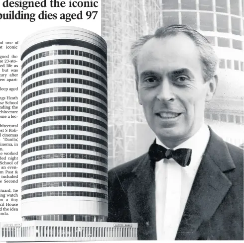 ??  ?? >
Architect James A Roberts stands in front of the Rotunda during constructi­on and (left) after the building was completed in 1965