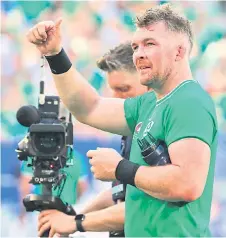  ?? — AFP photo ?? O’Mahony gestures to supporters after victory in the France Rugby World Cup Pool B match between Ireland and Romania at Stade de Bordeaux in Bordeaux, south-western France.