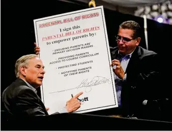  ?? Photos by Billy Calzada/Staff photograph­er ?? Gov. Greg Abbott, left, touted a renewed effort to pass a private school voucher program Monday in San Antonio, but a poll released Tuesday shows he likely will face pushback from voters.