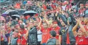  ?? AIFF ?? Aizawl FC fans braved bad weather to turn up in big numbers.