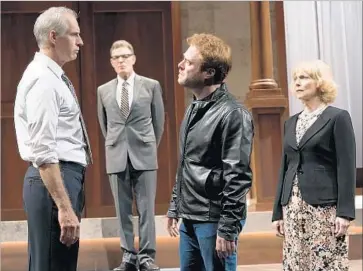  ?? Jenny Graham ?? JIM ABELE, left, is Charles, Mark Capri is a press secretary, Dylan Saunders is Harry and Laura Gardner is Camilla in “King Charles III,” Mike Bartlett’s Tony-nominated “future history play” at Pasadena Playhouse.