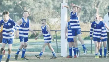  ??  ?? Neerim District players do their best to put off a Cobras shot at goal; Photograph: Michael Robinson.