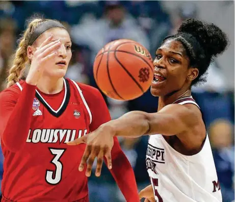  ?? Ron Schwane / Associated Press ?? Notre Dame will have trouble with Mississipp­i State's Teaira McCowan, right, who had 21 points and 25 rebounds against Louisville.