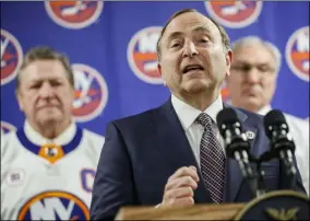  ?? JOHN MINCHILLO - THE ASSOCIATED PRESS ?? NHL commission­er Gary Bettman speaks during a news conference before an NHL hockey game between the Boston Bruins and New York Islanders, Saturday, Feb. 29, 2020, in Uniondale, NY.
