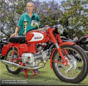  ??  ?? Ian Dallimore with “The Princess”, his 1962 Aermacchi H-D Ala Verde.