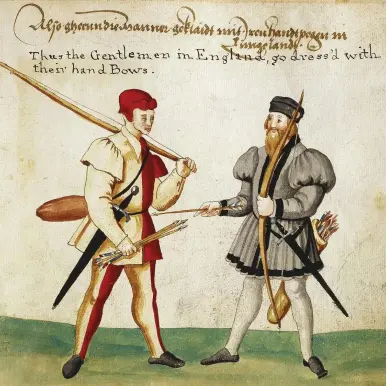  ??  ?? Tudor archers shown in an 18th-century print taken from a German costume book. Henry VIII’s subjects were required to own arms and to practise at local archery butts