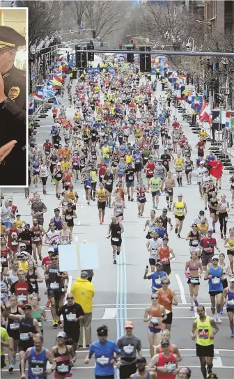  ?? Stafffilep­hoto,above,byNicolauS­czarNecki;Staffphoto­S,left,bymattStoN­e ?? PREPARATIO­N: Officials, including FBI Boston Chief Special Agent Harold Shaw, left, gathered yesterday to talk about safety preparatio­ns for the 122nd Boston Marathon. Above, runners last year make their way toward the finish line.