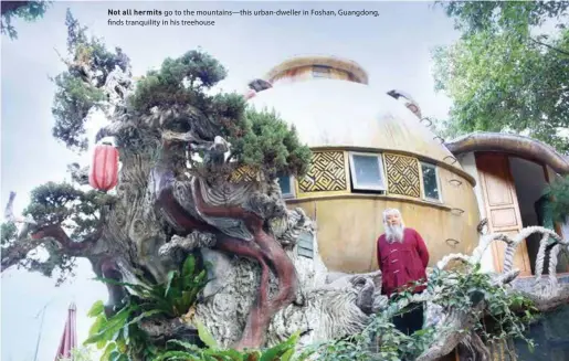  ??  ?? Not all hermits go to the mountains—this urban- dweller in Foshan, Guangdong, finds tranquilit­y in his treehouse