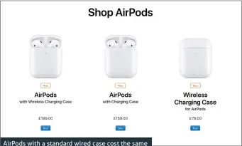  ??  ?? AirPods with a standard wired case cost the same as they always have. But if you want a Wireless Charging Case, you’ll have to pay more