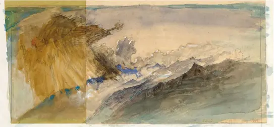  ??  ?? Ruskin believed that the artist’s principal duty was ‘truth to Nature’, although not as a simple matter of objective recording. He found his ideal—a reflection of the Divine—most vividly embodied in the paintings of J. M. W. Turner and he attempted the same expressive fidelity in his own pictures, such as this 1858 study of a ‘lurid thundersto­rm’ over Mont Cenis, Italy