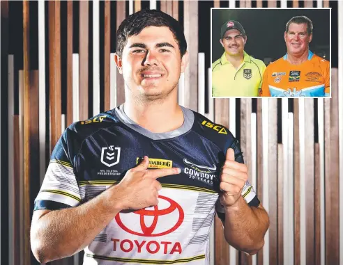  ?? Picture: ALIX SWEENEY & BRENDAN RADKE ?? HOME: Tully junior Jake Clifford has signed a one-year extension to keep him at the Cowboys until the end of 2021 and, inset, Jake and dad Matt together after the Internatio­nal Legends of League game at Barlow Park in November.