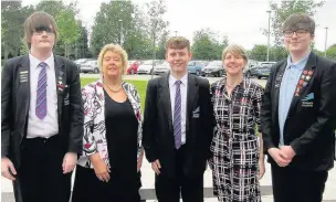  ??  ?? ●●Jake Gavin and Daniel and Matthew Vere with St Anne’s Academy Principle Caroline Preece and head of year Brid Ronaghan