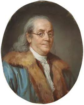  ??  ?? 1. Portrait de Benjamin Franklin, à mi-corps, en manteau bleu et col de fourrure, 1777, Joseph Ducreux (1735–1802), pastel on paper mounted on canvas, 72 × 57.5cm. Christie’s Paris, €406,000