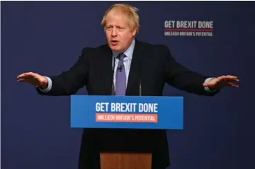  ??  ?? Søndag gentog Boris Johnson, da han fremlagde de konservati­ves valgprogra­m, at det helt overordnet handler om at få gennemført brexit. Foto: Daniel Leal-Olivas/AFP