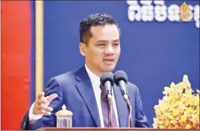  ?? SAR SOKHA FB ?? Interior minister Sar Sokha addresses the closing ceremony of a training course at the National Police School, Region 1, in Stung Treng province on February 13.