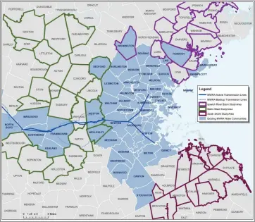  ?? MWRA, VIA SHNS ?? This map provided by the Massachuse­tts Water Resources Authority shows the authority’s existing service area and three other regions that were studied for possible expansions. The feasibilit­y studies included communitie­s in Greater Lowell and the Nashoba Valley.