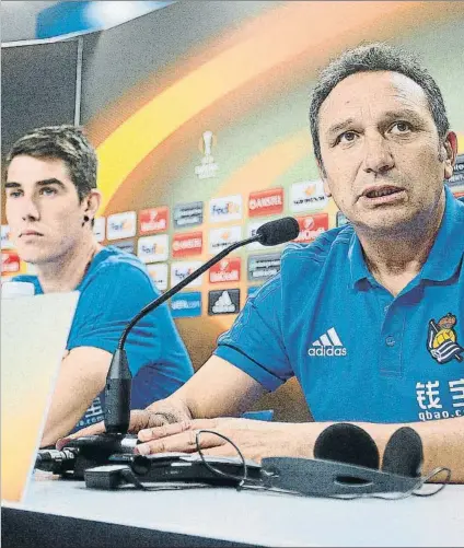  ?? FOTO: UNCITI ?? Aritz Elustondo y Eusebio Sacristán, en un momento de su comparecen­cia de ayer ante los medios