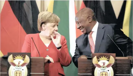  ?? | THEMBA HADEBE ?? President Cyril Ramaphosa shares a lighter moment with German Chancellor Angela Merkel at a press conference after a meeting between the leaders at the Union Buildings in Pretoria earlier this month. Merkel held talks on trade, investment and energy issues with Berlin’s largest trading partner in Africa. AP