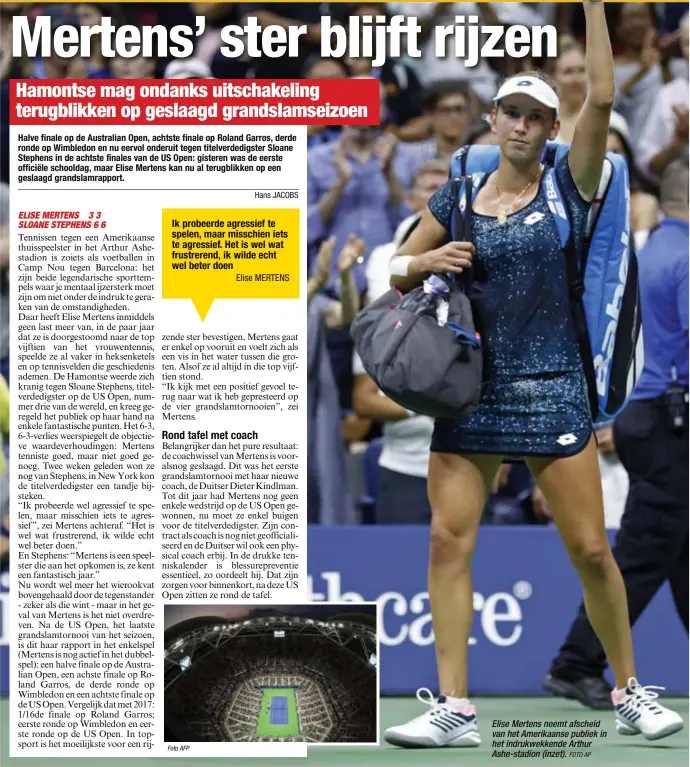  ?? Foto AFP
FOTO AP ?? Elise Mertens neemt afscheid van het Amerikaans­e publiek in het indrukwekk­ende Arthur Ashe-stadion (inzet).