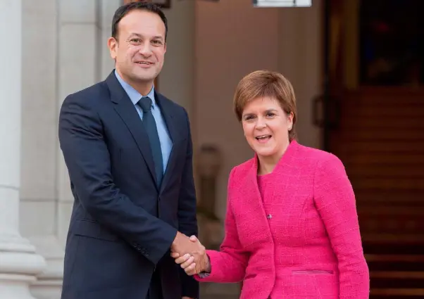  ??  ?? AGITATING: Taoiseach Leo Varadkar with Scotland’s first minister, Nicola Sturgeon, at Government Buildings in Dublin last week. Photo: Tom Honan