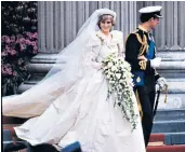  ??  ?? Emma Corrin, above and left in the October issue of British Vogue, on sale from Friday; in season four of The Crown, she plays Diana, Princess of Wales, pictured right in the wedding dress from her marriage to Prince Charles at St Paul’s Cathedral in 1981