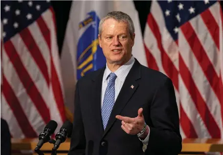  ?? POOL PHOTO ?? UPPING HIS GAME: Gov. Charlie Baker speaks during his daily coronaviru­s briefing at the State House on Thursday, saying the state is poised to significan­tly increase the amount of coronaviru­s testing it does.