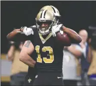  ?? The Associated Press ?? CAN’T STOP, WON’T STOP: New Orleans Saints wide receiver Michael Thomas (13) celebrates his touchdown reception in the first half of Monday’s game against the Indianapol­is Colts in New Orleans.