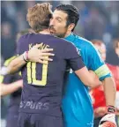  ?? Picture / AP ?? Spurs striker Harry Kane and Juve keeper Gianluigi Buffon embrace after an epic battle.