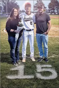  ?? ?? Blackhawk Baseball celebrated senior night Monday, April 8. Senior Gavin Dixon was recognized with his parents, Shawn and Jenny Dixon.