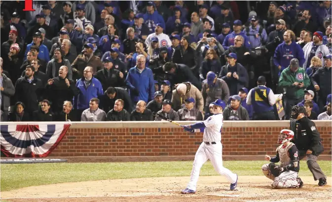  ??  ?? CHICAGO: Anthony Rizzo #44 of the Chicago Cubs hits a double in the fourth inning against the Cleveland Indians in Game Five of the 2016 World Series at Wrigley Field on Sunday in Chicago, Illinois. — AFP