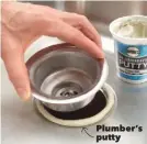  ??  ?? Plumber’s putty Encircle the drain opening with plumber’s putty or waterproof caulk. Install the rubber washer and the cardboard washer and tighten the locknut using the same method you used to remove the old one.