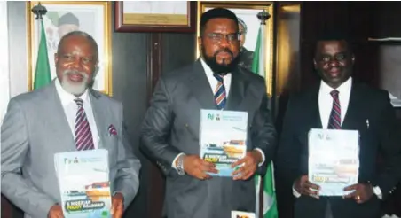  ??  ?? L-R: Glimy Modey, head of accounts, Nigerian Office for Trade Negotiatio­ns (NOTN); Victor Liman, acting chief trade negotiator/DG, NOTN; and Ogbu Paul, head, legal/adviser legal, during a media lunch for Nigerian Policy Road-map document for Trade by NOTN in Abuja, recently