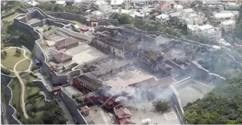  ?? — AFP ?? This aerial picture shows the Shuri Castle after a fire ripped through the historic site in Naha on Thursday.