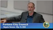  ?? SCREENSHOT ?? Fortuna City Manager Merritt Perry tell the council about the new organic waste collection ordinance, which went through its first reading, that is meant to get the city compliant with Senate Bill 1383.