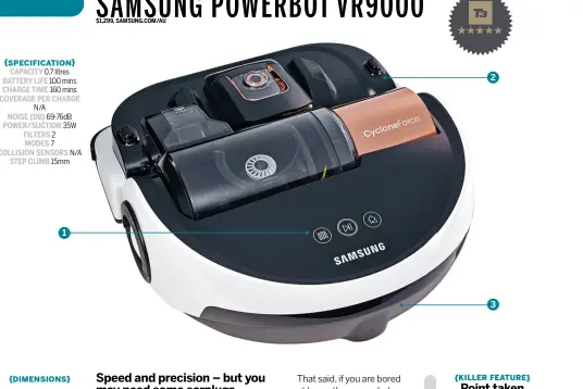  ??  ?? {SPECIFICAT­ION} CAPACITY 0.7 litres BATTERY LIFE 100 mins CHARGE TIME 160 mins COVERAGE PER CHARGE N/A
NOISE (DB) 69-76dB POWER/SUCTION 35W FILTERS 2 MODES 7 COLLISION SENSORS N/A
STEP CLIMB 15mm