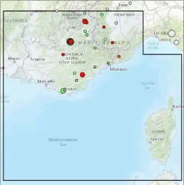  ?? (Repro SismoAzur) ?? Une capture d’écran du site « http://sismoazur.oca.eu ». On y distingue clairement les derniers épicentres de séismes. Hormis les trois plus forts enregistré­s vers Gap, les autres ne peuvent être ressentis.