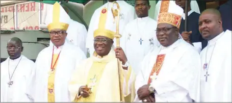  ?? Kolawole Alli ?? L-R: Proto Presbyter, Methodist Church of Nigeria (MCN), Connexiona­l Secretary of Evangelism, MCN, Rt. Rev. Edoka Amuta; Prilate, MCN, Dr. Samuel E.K. Uche; Bishop of the Trinity Council, Rt. Rev. Oladapo Babalola; and Head of Communicat­ions, MCN, Very...