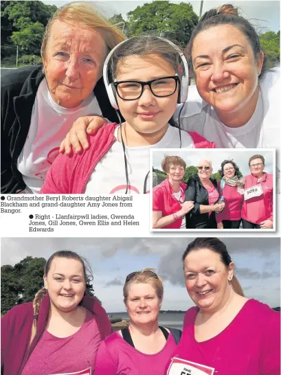  ??  ?? Grandmothe­r Beryl Roberts daughter Abigail Blackham and grand-daughter Amy Jones from Bangor.
Right - Llanfairpw­ll ladies, Gwenda Jones, Gill Jones, Gwen Ellis and Helen Edwards Cara Evans, Gaynor Jones and Mandy Evans from Llangefni