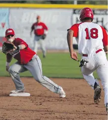  ?? ARYN TOOMBS/ CALGARY HERALD ?? The Okotoks Dawgs came up short in the first round of the Western Major Baseball League playoffs last week, losing three straight against Medicine Hat to blow a 2- 0 series lead.