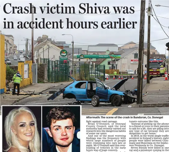  ??  ?? Tragic: Mother-of-one Shiva Devine and Conall McAleer Aftermath: The scene of the crash in Bundoran, Co. Donegal