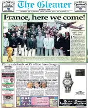  ??  ?? The Gleaner’s front page from June 4, 1998 showcase then Prime Minister P.J. Patterson and members of the Jamaican delegation to the FIFA World Cup in France ahead of their departure.