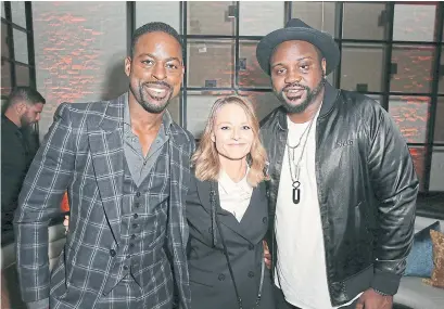  ?? RICH FURY/GETTY IMAGES ?? Sterling K. Brown, left, Jodie Foster and Brian Tyree Henry star in the new thriller and crime movie Hotel Artemis.