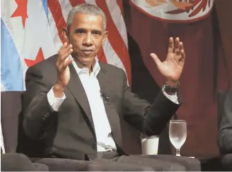  ?? AP PHOTO ?? RETURN ENGAGEMENT: Former President Barack Obama hosted a conversati­on on civic engagement and community organizing yesterday at the University of Chicago in Chicago, his first public event after leaving the White House in January.