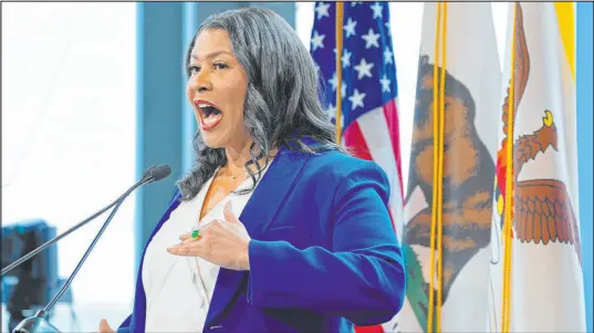  ?? Eric Risberg The Associated Press ?? In her State of the City address Thursday, San Francisco Mayor London Breed said two voter-approved measures will allow officials to install cameras in high-crime areas, deploy drones for auto break-ins and reduce opioid overdoses.