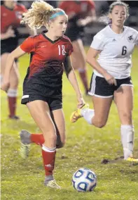  ?? GREG SORBER/JOURNAL FILE ?? Eliza Mariner, left, will be leading Albuquerqu­e Academy today in the Class 5A girls state soccer tourney. She’s scored 28 goals this year.