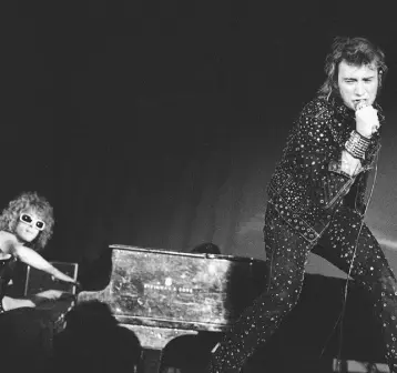  ??  ?? MEGASTAR: Johnny Hallyday, performing at the Palais des Sports, Paris, in 1971, had more than 60 gold and platinum albums. Photo: AP/Cardenas