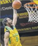  ??  ?? Albany guard Sajae Pryor throws down a dunk during the Patroons’ one-sided victory against the Court Kings on Saturday.