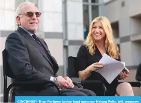  ??  ?? CINCINNATI: Trian Partners hedge fund manager Nelson Peltz, left, prepares for an interview by CNBC’s Sara Eisen after Procter & Gamble’s annual shareholde­rs meeting in Cincinnati. Initial voting results show P&G successful­ly fending off an attempt by...